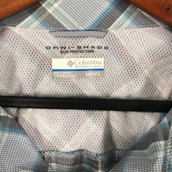 Columbia Shirt Men's 3XT Blue Plaid Omni-Shade PFG Button Down Roll Tab Sleeve - Picture 5 of 16